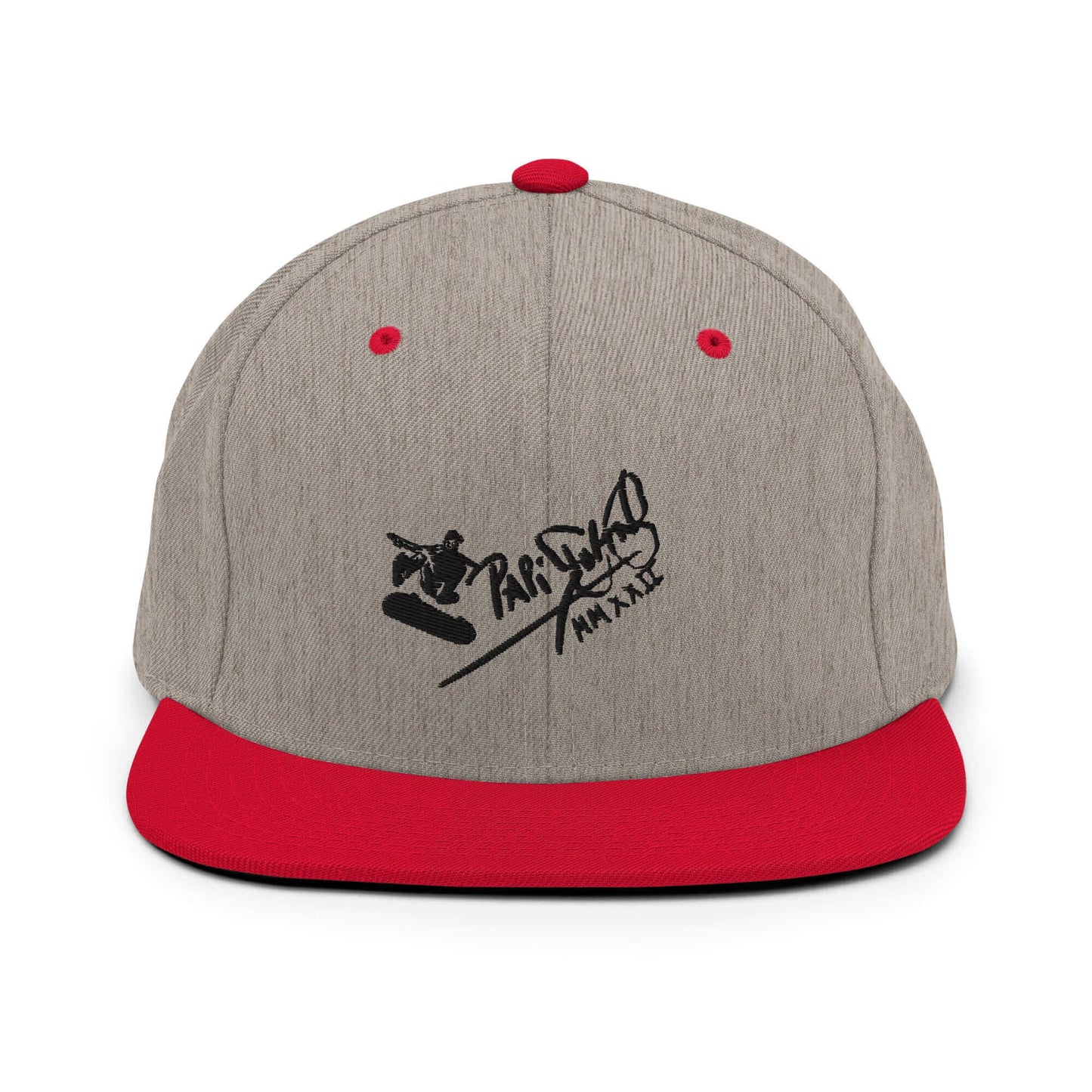 PapiJohn® The Skate Archive Signature Snapback in grey and red contrast front view highlighting the bold black 3D volumetric stitch manifesto | Sala 1 Wearable Art Fashion