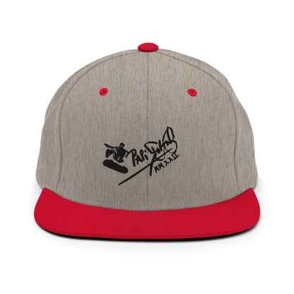 PapiJohn® The Skate Archive Signature Snapback in grey and red contrast front view highlighting the bold black 3D volumetric stitch manifesto | Sala 1 Wearable Art Fashion