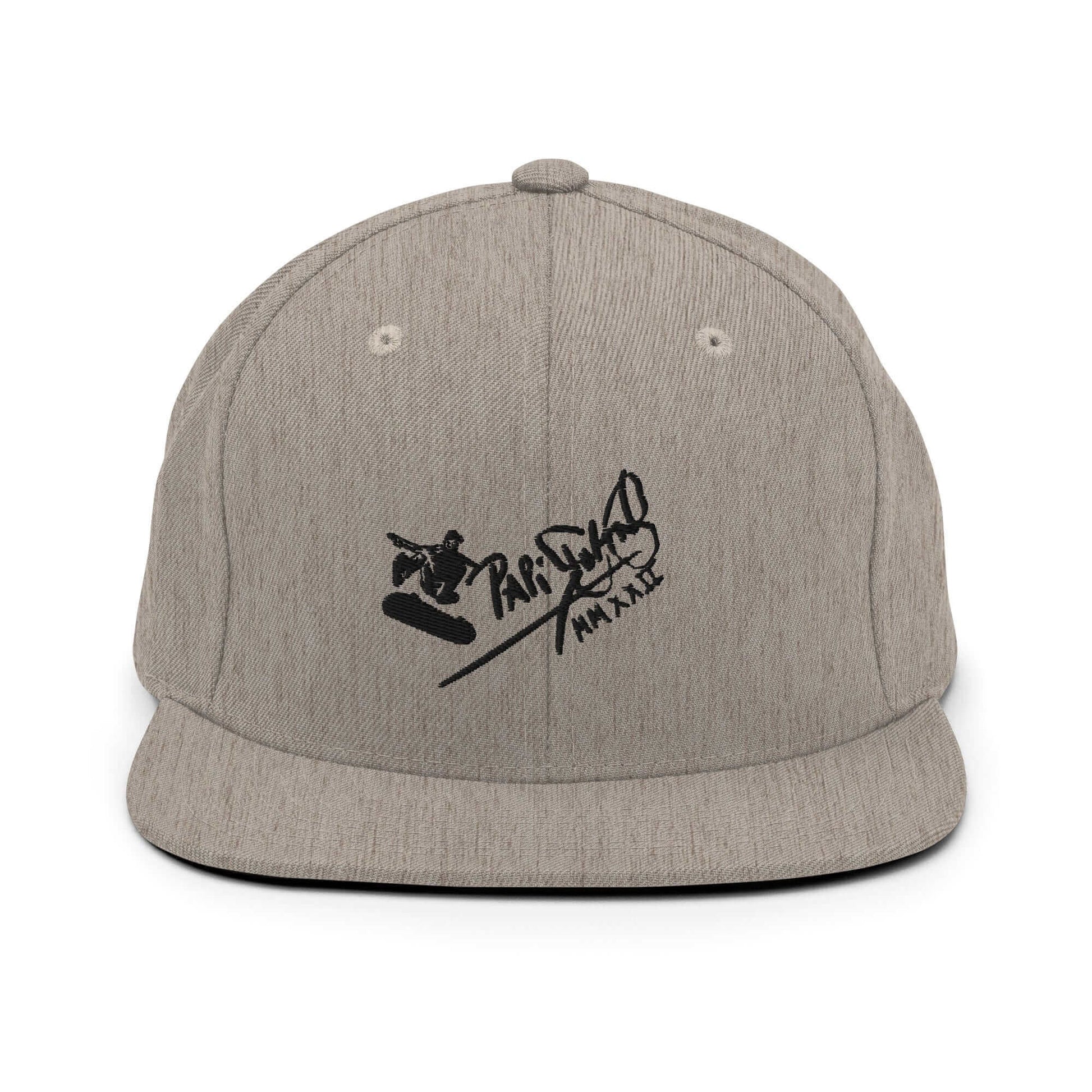PapiJohn® The Skate Archive Signature Snapback in classic heather grey front view presenting the clean outline of the black 3D embroidery | Sala 1 Wearable Art Fashion