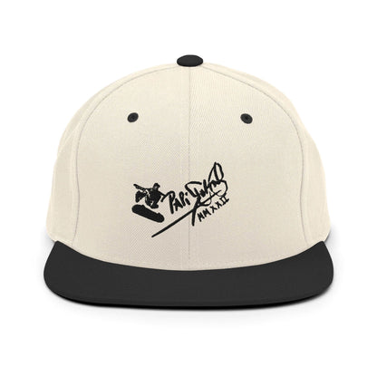 PapiJohn® The Skate Archive Signature Snapback in raw natural and black panels front view rendering the ultimate organic contrast for the black skate embroidery | Sala 1 Wearable Art Fashion