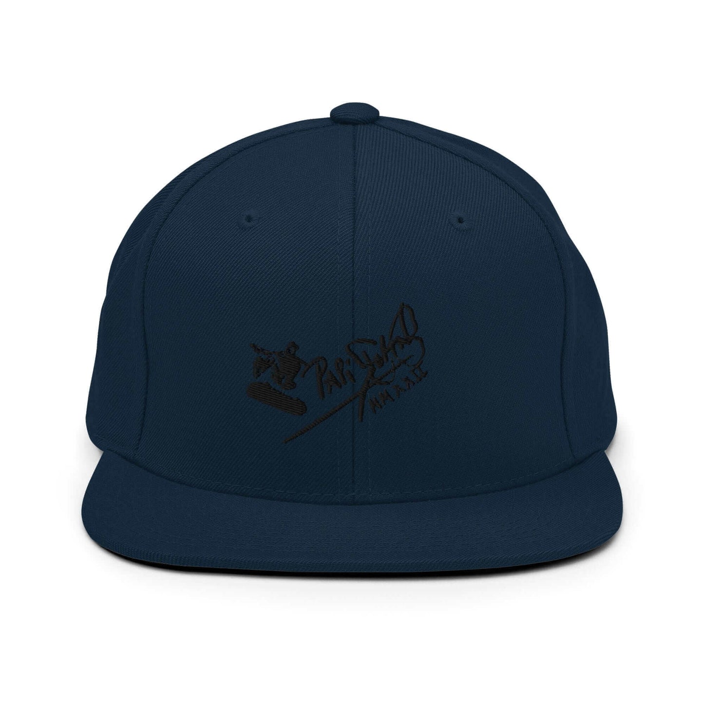 PapiJohn® The Skate Archive Signature Snapback in dark navy front view highlighting the black embroidered skater jumping over the rail vector graphic | Sala 1 Wearable Art Fashion
