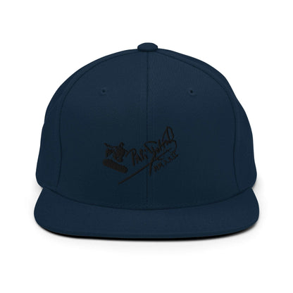 PapiJohn® The Skate Archive Signature Snapback in dark navy front view highlighting the black embroidered skater jumping over the rail vector graphic | Sala 1 Wearable Art Fashion