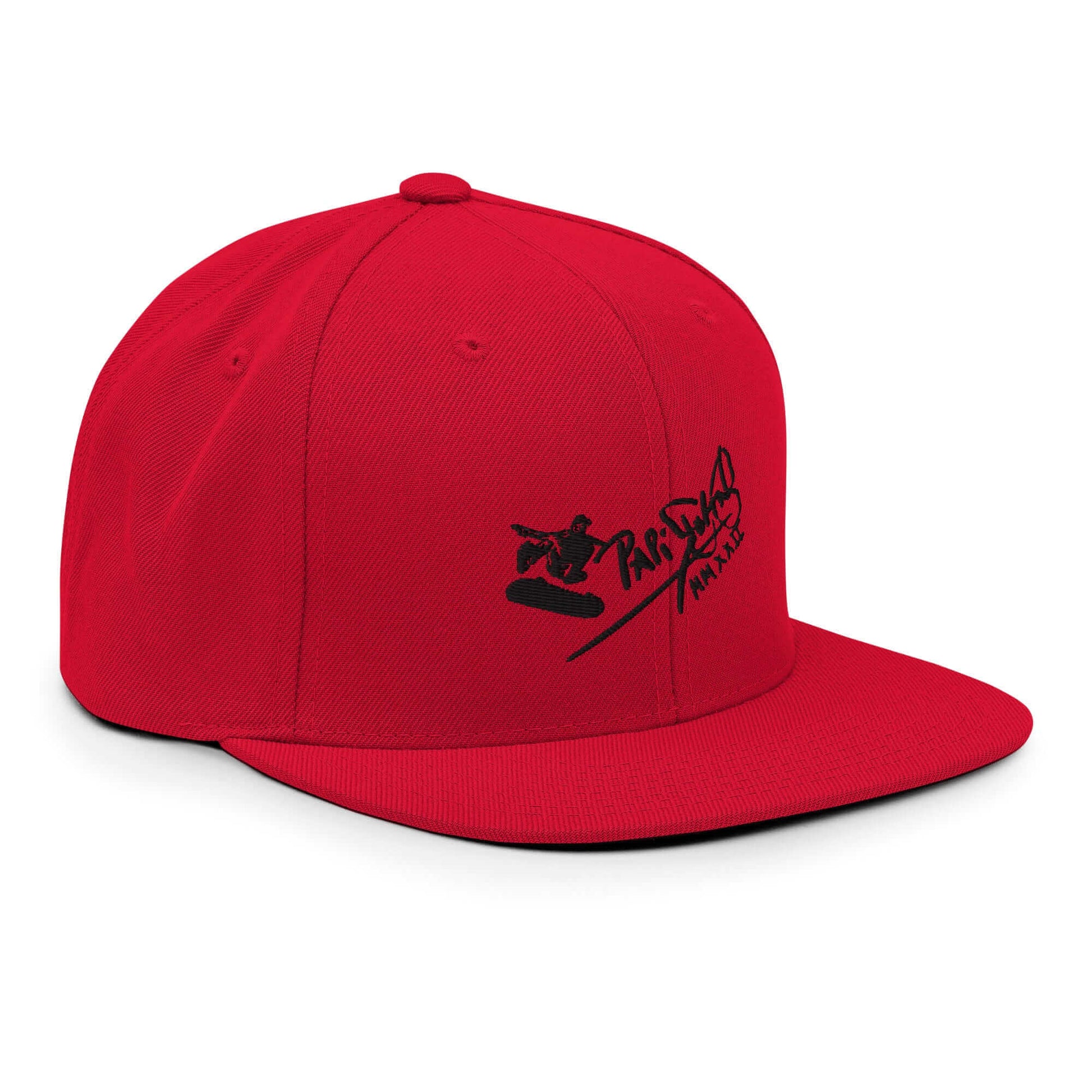PapiJohn® The Skate Archive Signature Snapback in vibrant crimson red right layout framing the elevated crown rigidity and straight visor boundary | Streetwear d'Auteur