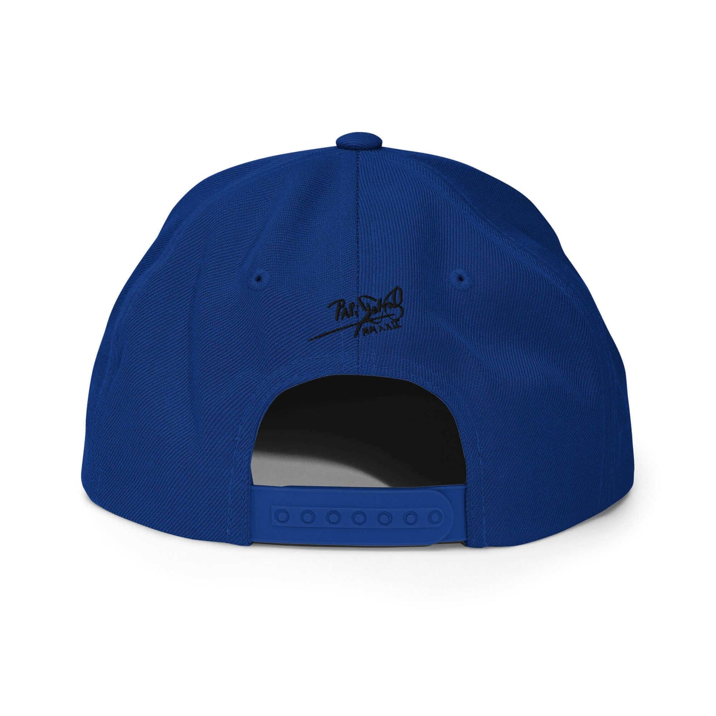 PapiJohn® The Skate Archive Signature Snapback in electric royal blue back view tracking the immaculate seam construction and retro adjustable snap closure strap | Artist-Led Streetwear