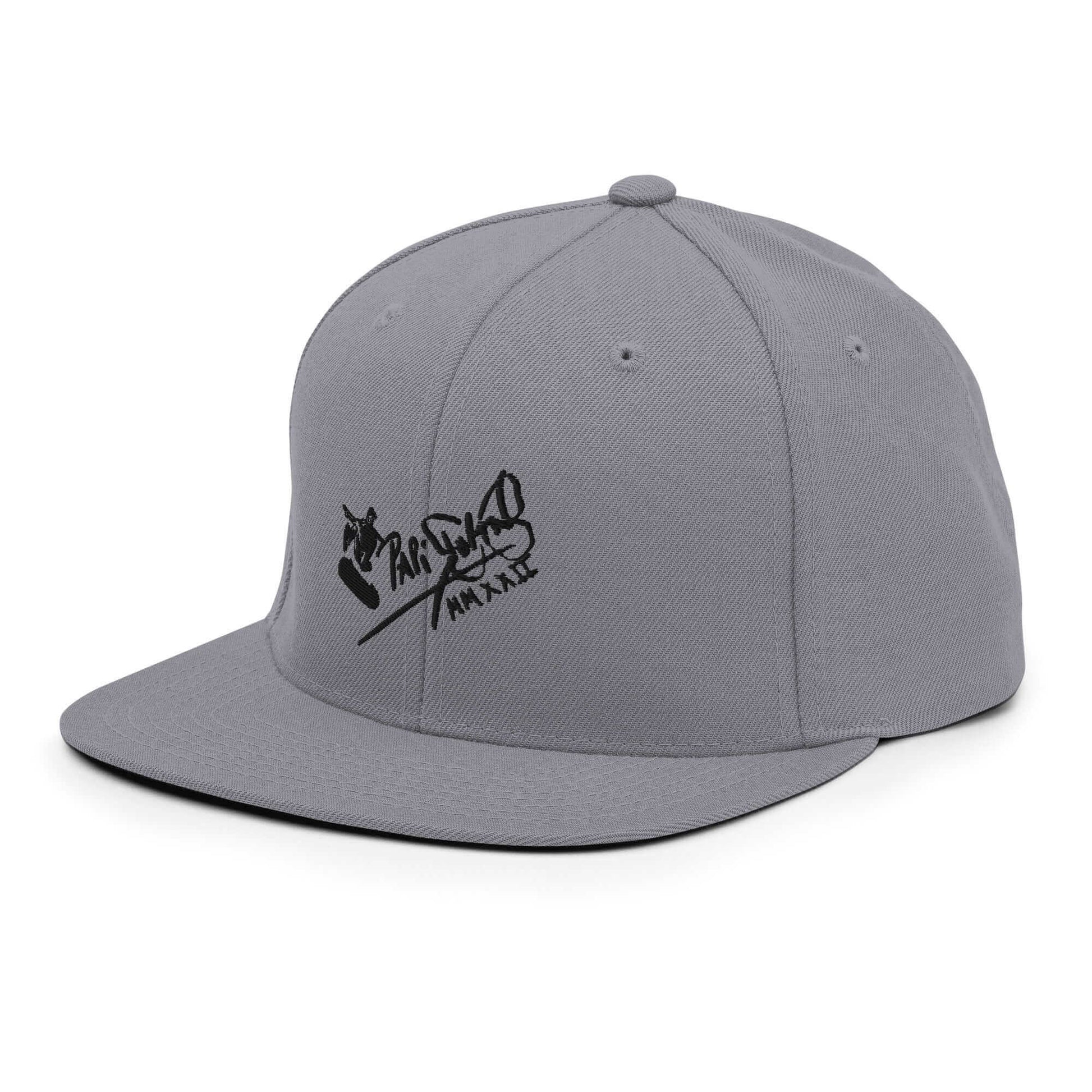 PapiJohn® The Skate Archive Signature Snapback in metallic silver close-up left side layout showcasing the immaculate industrial thread weave by $arah Free 💎 | High-Tier Archive