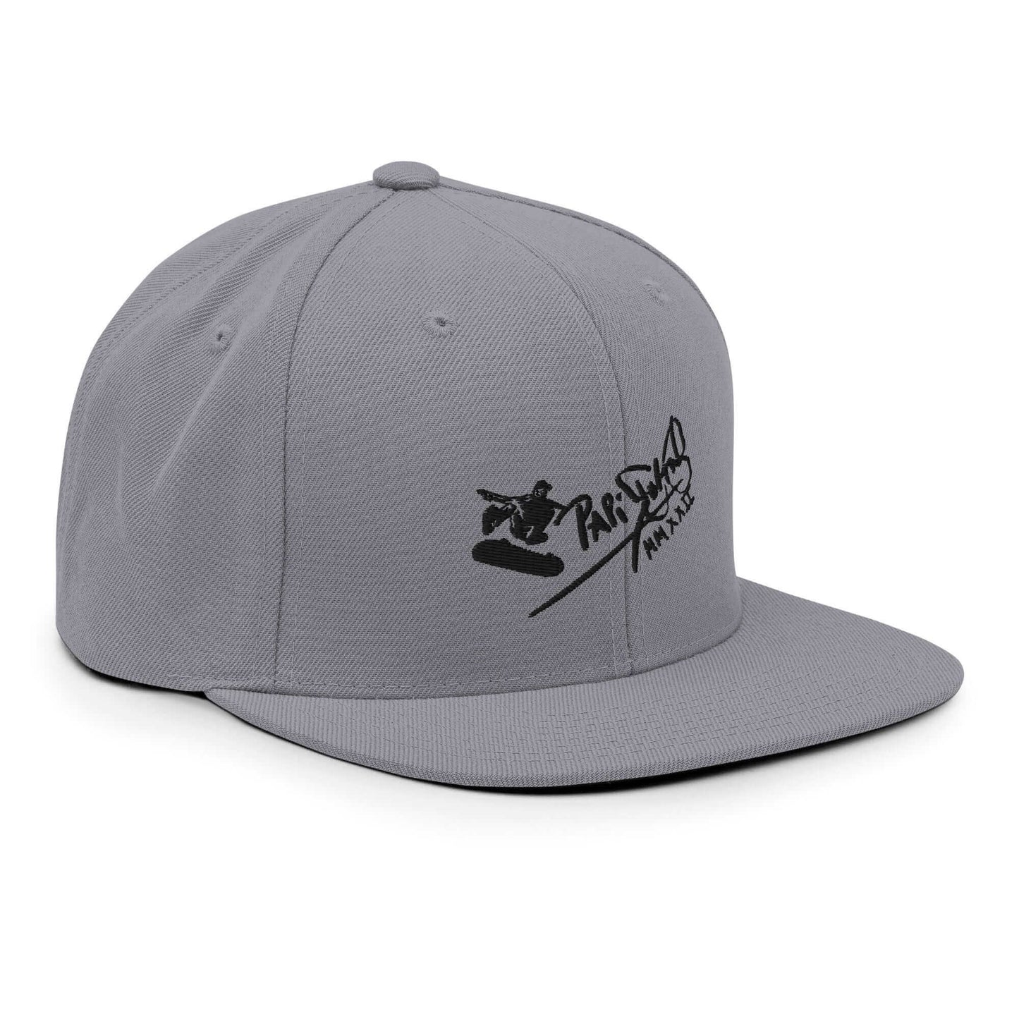 PapiJohn® The Skate Archive Signature Snapback in metallic silver right profile displaying the elevated crown rigidity and exact flat bill outline | Streetwear d'Auteur