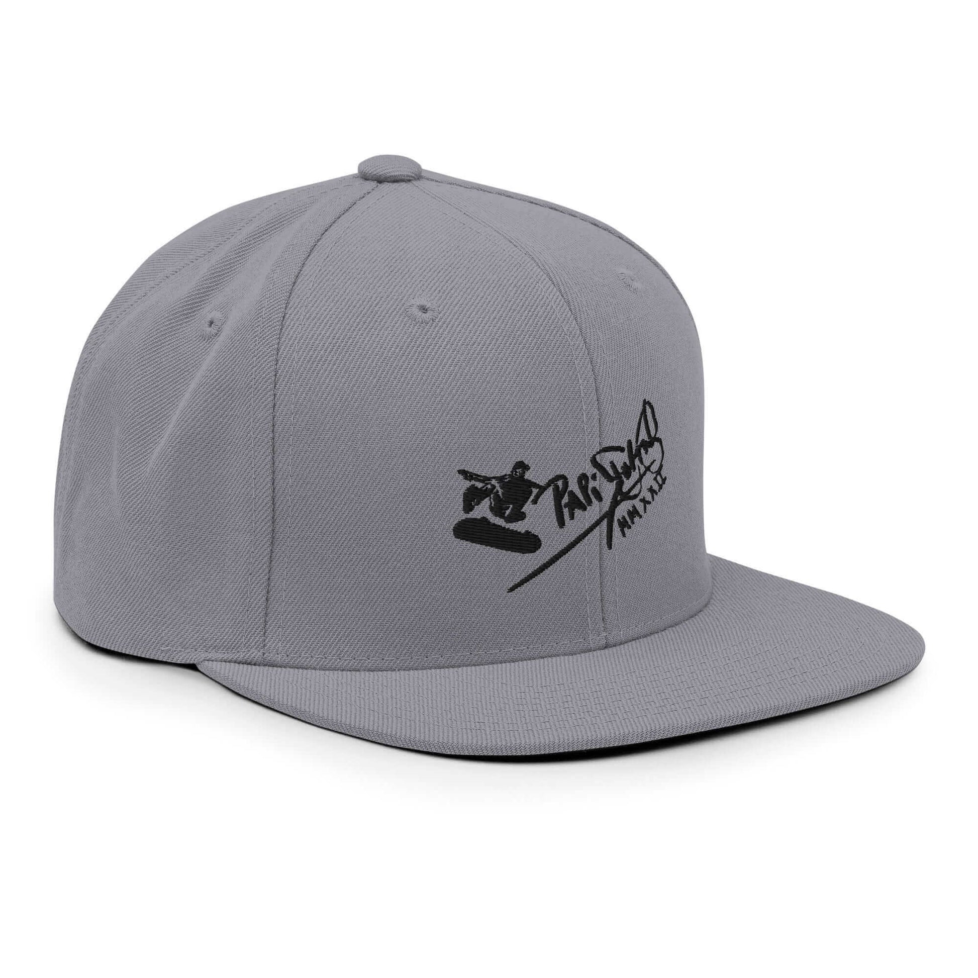 PapiJohn® The Skate Archive Signature Snapback in metallic silver right profile displaying the elevated crown rigidity and exact flat bill outline | Streetwear d'Auteur
