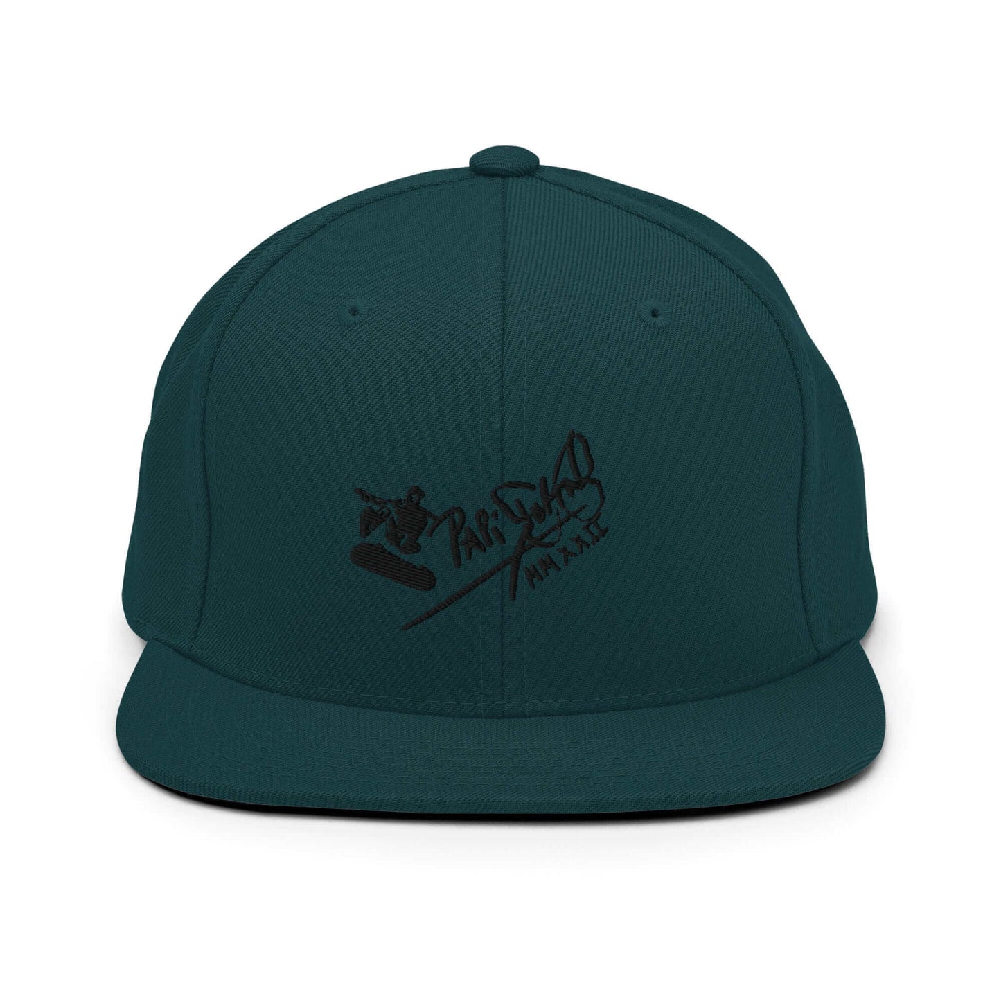 PapiJohn® The Skate Archive Signature Snapback in deep spruce green front layout highlighting the bold black tridimensional script and skate jumper emblem | Sala 1 Wearable Art Fashion