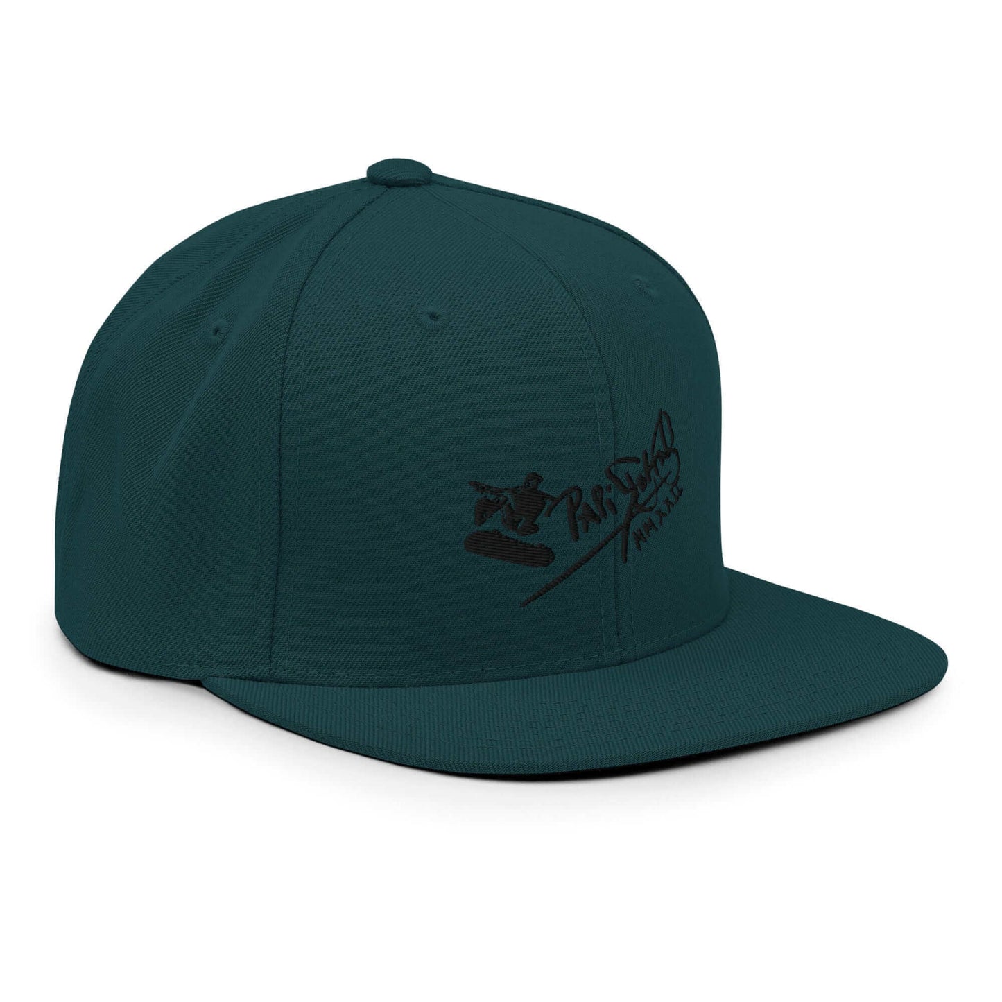 PapiJohn® The Skate Archive Signature Snapback in deep spruce green right profile showing the geometric crown lines and authentic flat brim outline | Streetwear d'Auteur