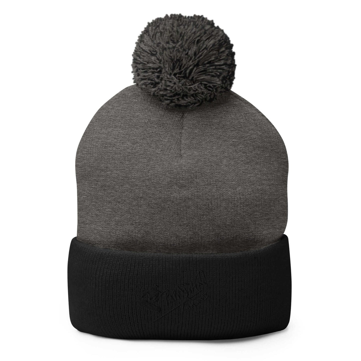 PapiJohn® The Skate Signature Pom-Pom Beanie in dark heather grey and solid black contrast front view highlighting the precision embroidery lines and clean rib finish | Sala 1 High-End Curation