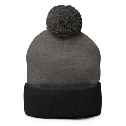 PapiJohn® The Skate Signature Pom-Pom Beanie in dark heather grey and solid black contrast front view highlighting the precision embroidery lines and clean rib finish | Sala 1 High-End Curation