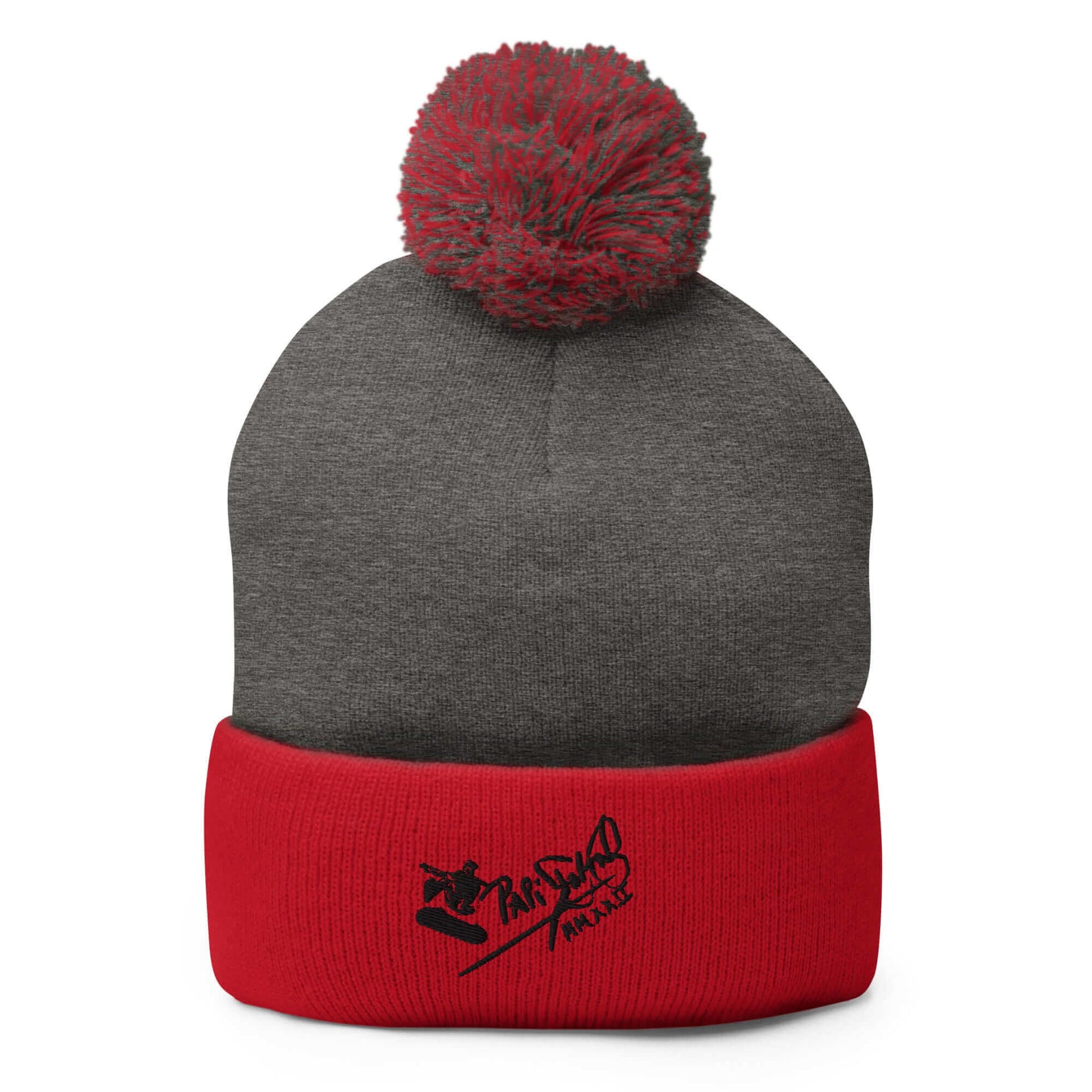 PapiJohn® The Skate Signature Pom-Pom Beanie in dark heather grey and red dual-tone structure front view focusing on the kinetic signature stitch detail by $arah Free 💎 | High-Tier Archive