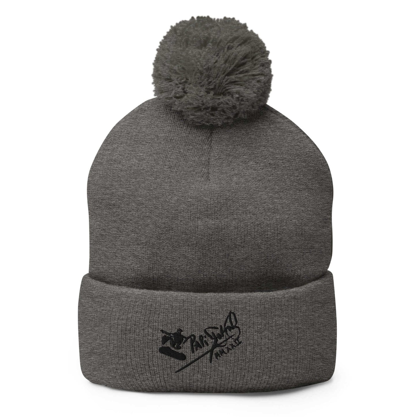 PapiJohn® The Skate Signature Pom-Pom Beanie in monochromatic deep dark heather grey front view rendering the structural rib-knit texture and fluid branding layout | Artist-Driven Streetwear