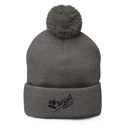 PapiJohn® The Skate Signature Pom-Pom Beanie in monochromatic deep dark heather grey front view rendering the structural rib-knit texture and fluid branding layout | Artist-Driven Streetwear