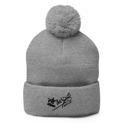 PapiJohn® The Skate Signature Pom-Pom Beanie in timeless heather grey textured knit front view showcasing the fluid signature design and symmetrical crown shape | Streetwear d'Auteur