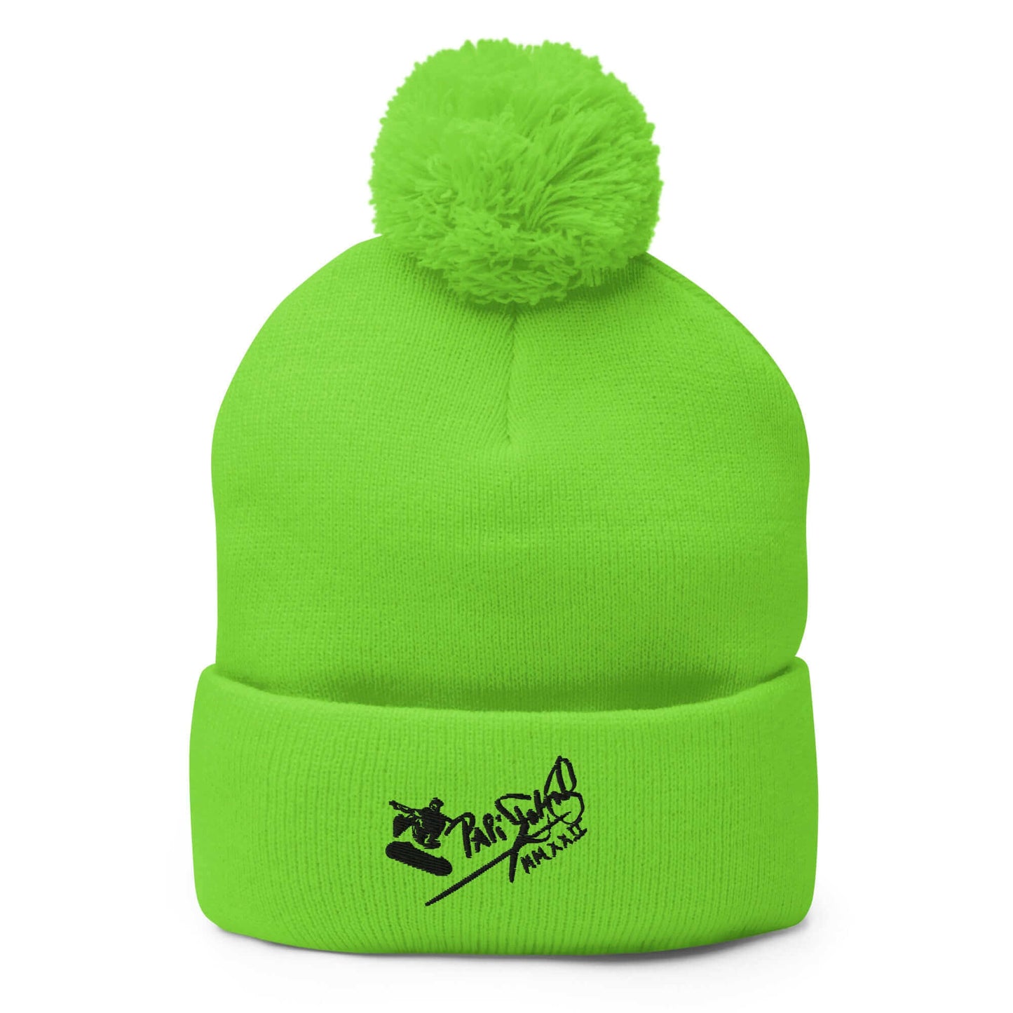 PapiJohn® The Skate Signature Pom-Pom Beanie in electrifying neon green front view framing the custom fluid skate signature embroidery lines by $arah Free 💎 | Artist-Led Streetwear