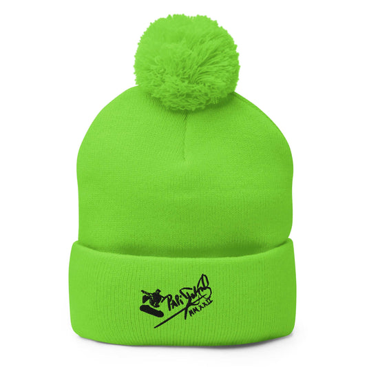 PapiJohn® The Skate Signature Pom-Pom Beanie in electrifying neon green front view framing the custom fluid skate signature embroidery lines by $arah Free 💎 | Artist-Led Streetwear
