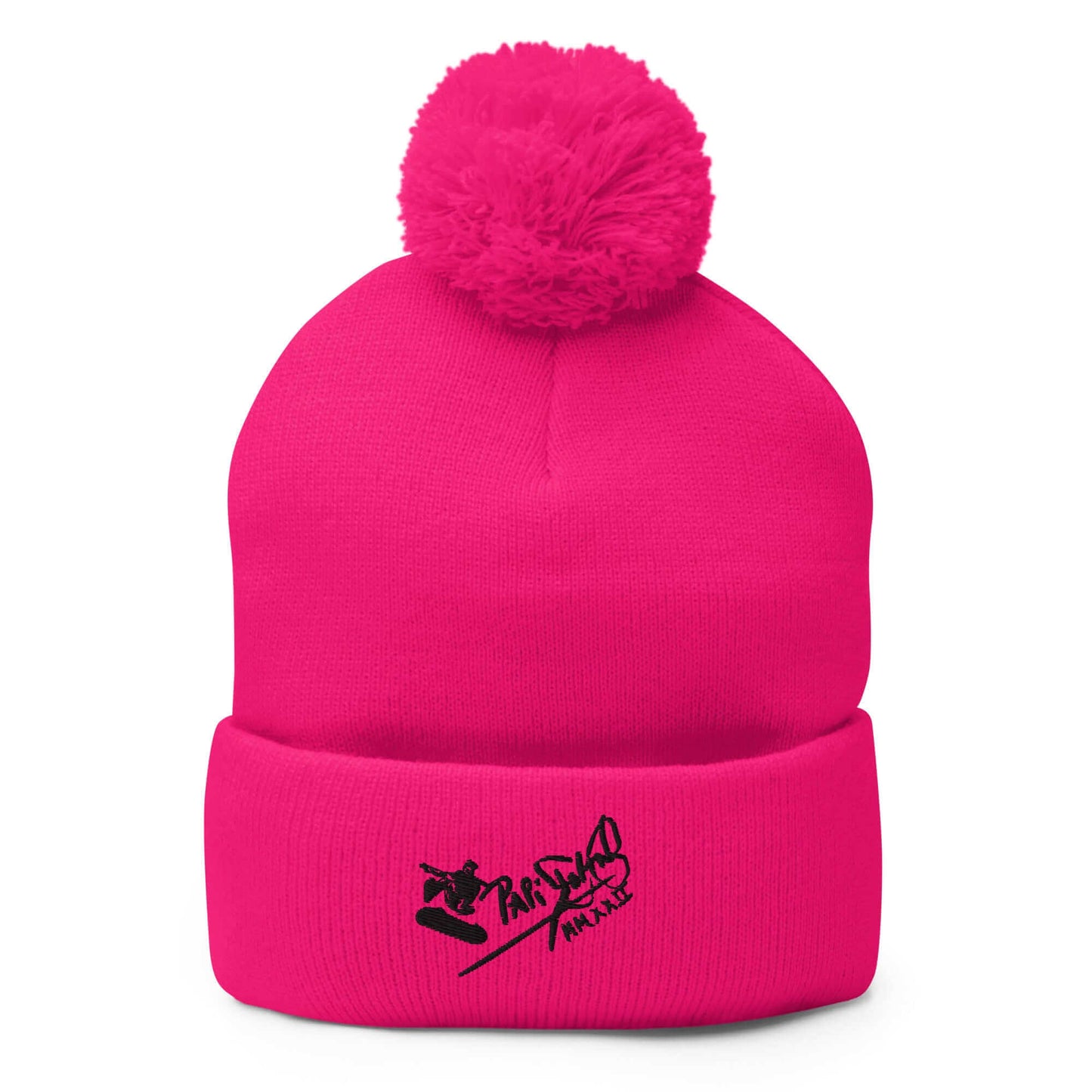 PapiJohn® The Skate Signature Pom-Pom Beanie in high-voltage neon pink front view accentuating the vibrant color canvas and crisp embroidered skate icon by $arah Free 💎 | Wearable Art Fashion