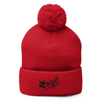 PapiJohn® The Skate Signature Pom-Pom Beanie in vibrant crimson red front view displaying the striking dynamic skate signature typography layout lines | Streetwear d'Auteur