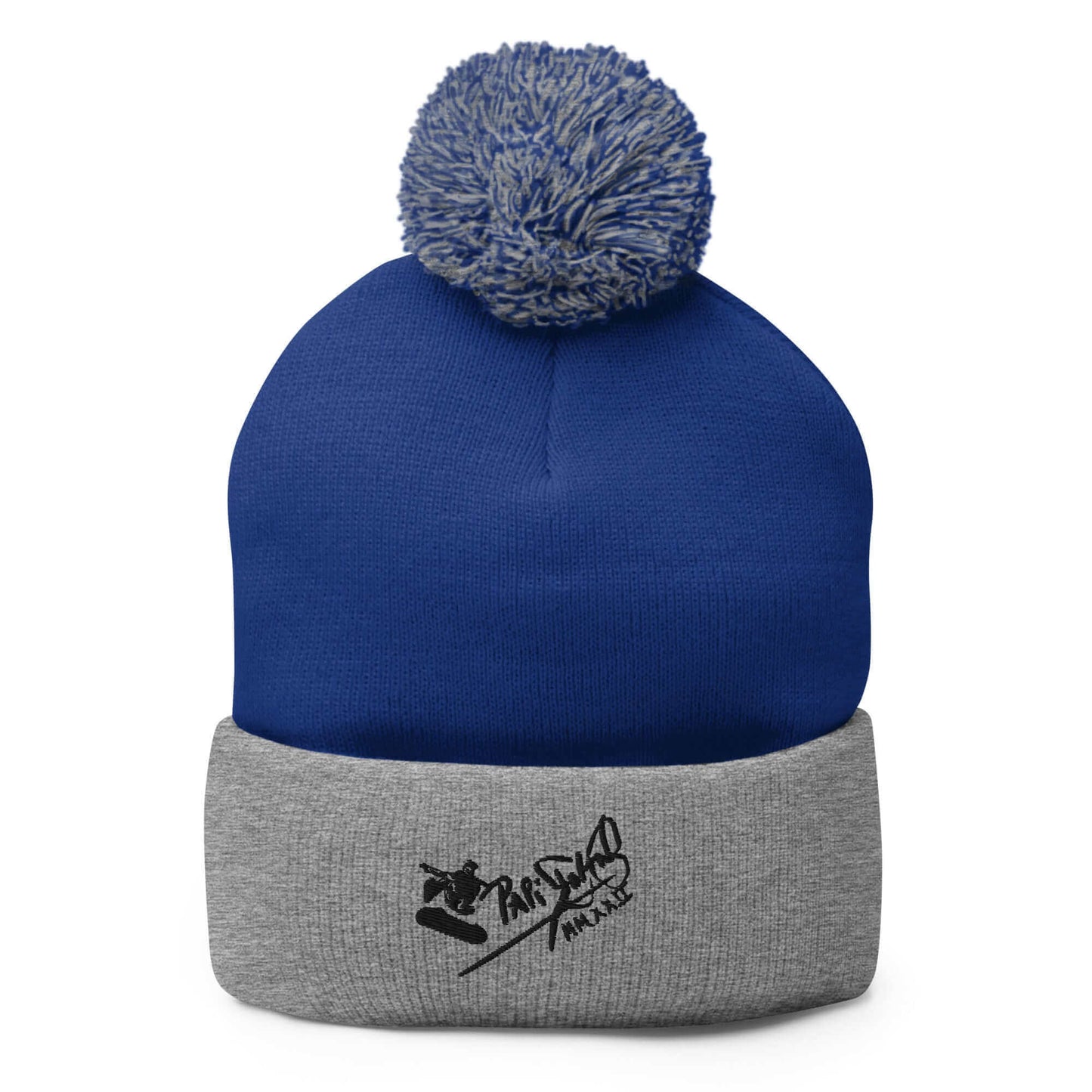 PapiJohn® The Skate Signature Pom-Pom Beanie in royal blue and heather grey dual-tone texture front view tracking the high-fidelity embroidered skate lettering layout | Artist-Led Streetwear