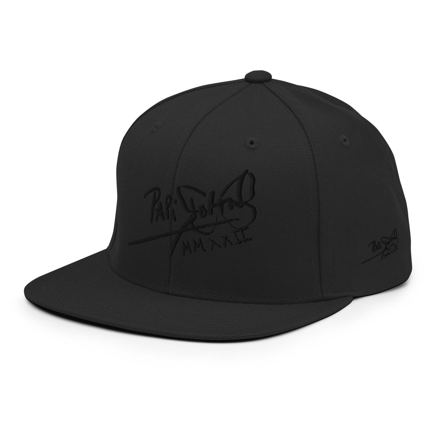 PapiJohn® The Black Signature Classic Snapback premium headwear left side profile view highlighting the heavy-structured 6-panel high-crown architectural silhouette and tonal visor stitching lines by $arah Free 💎 | Artist-Led Streetwear