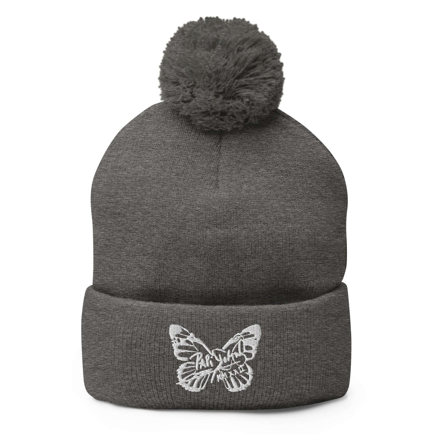 PapiJohn® The White Butterfly Pom-Pom Beanie in dark heather grey canvas front view tracking the beautiful definition of the central white butterfly thread design by $arah Free 💎 | High-End Subcultural Archive