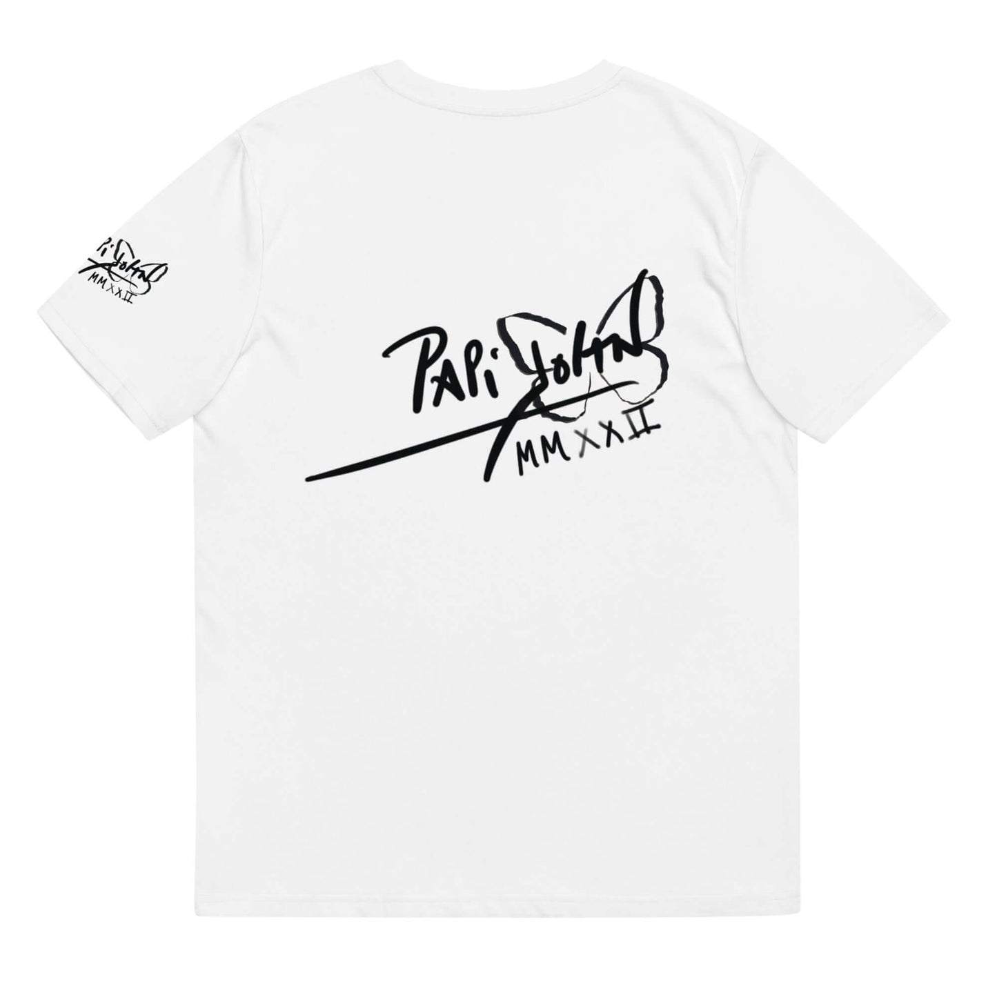 camiseta blanca firma papijohn en la espalda