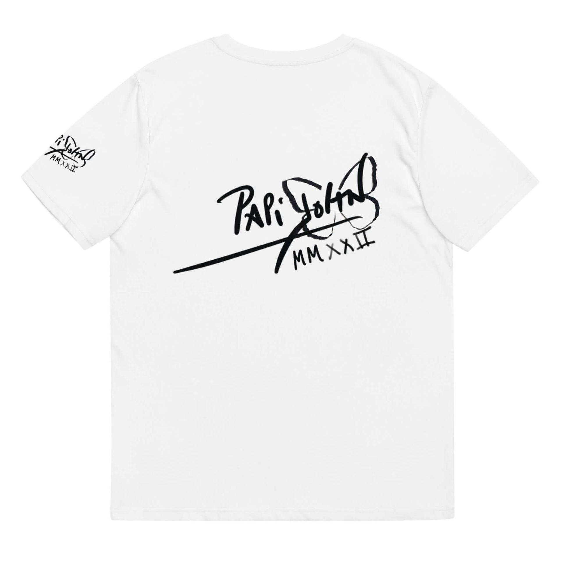 camiseta blanca firma papijohn en la espalda