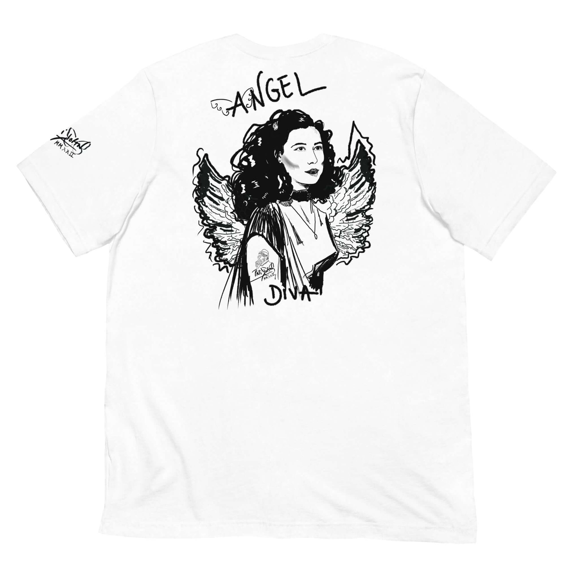 camiseta blanca con graffiti de mujer ángel firma papijohn