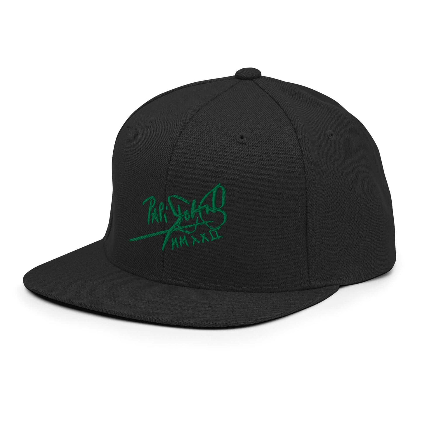 Gorra papijohn snapback Clásica negro Firma en verde perfil izquierdo