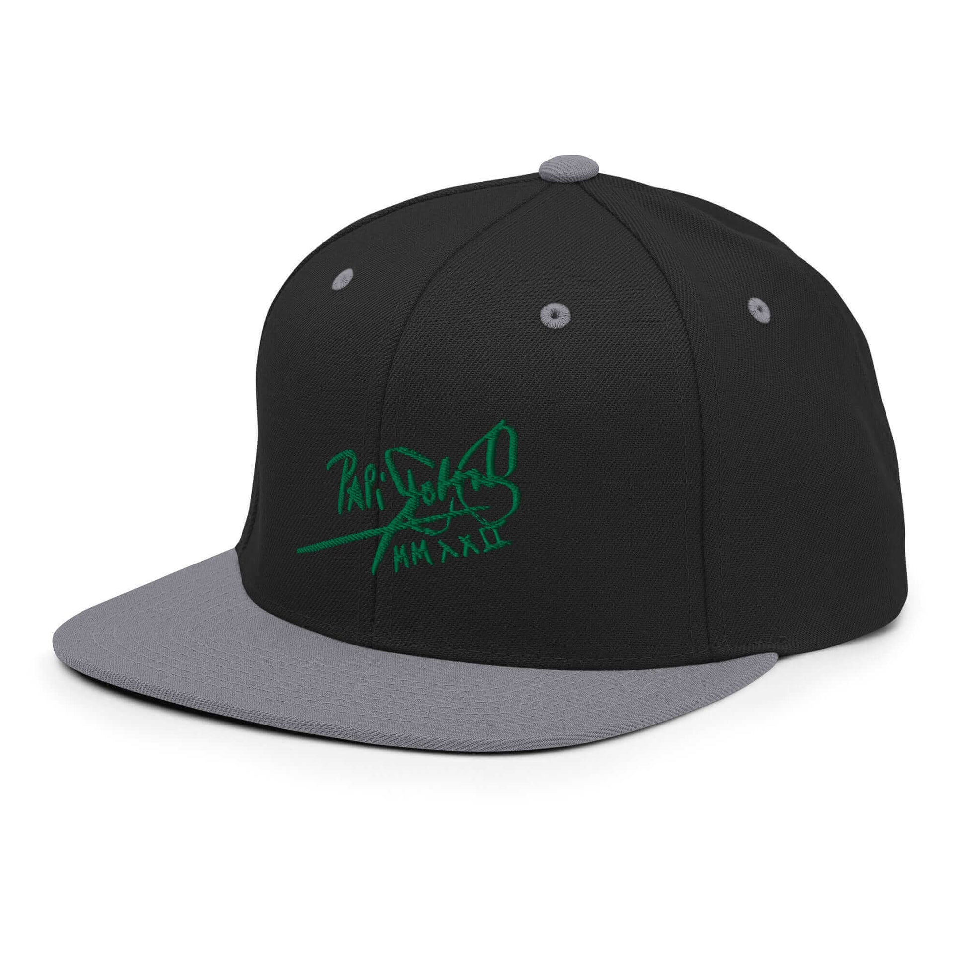 Gorra papijohn snapback Clásica negro plata Firma en verde perfil izquierdo