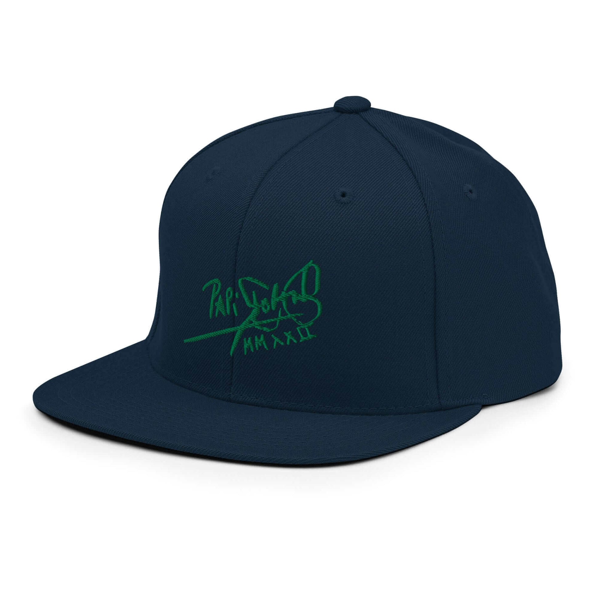 Gorra papijohn snapback Clásica marino oscuro Firma en verde perfil izquierdo