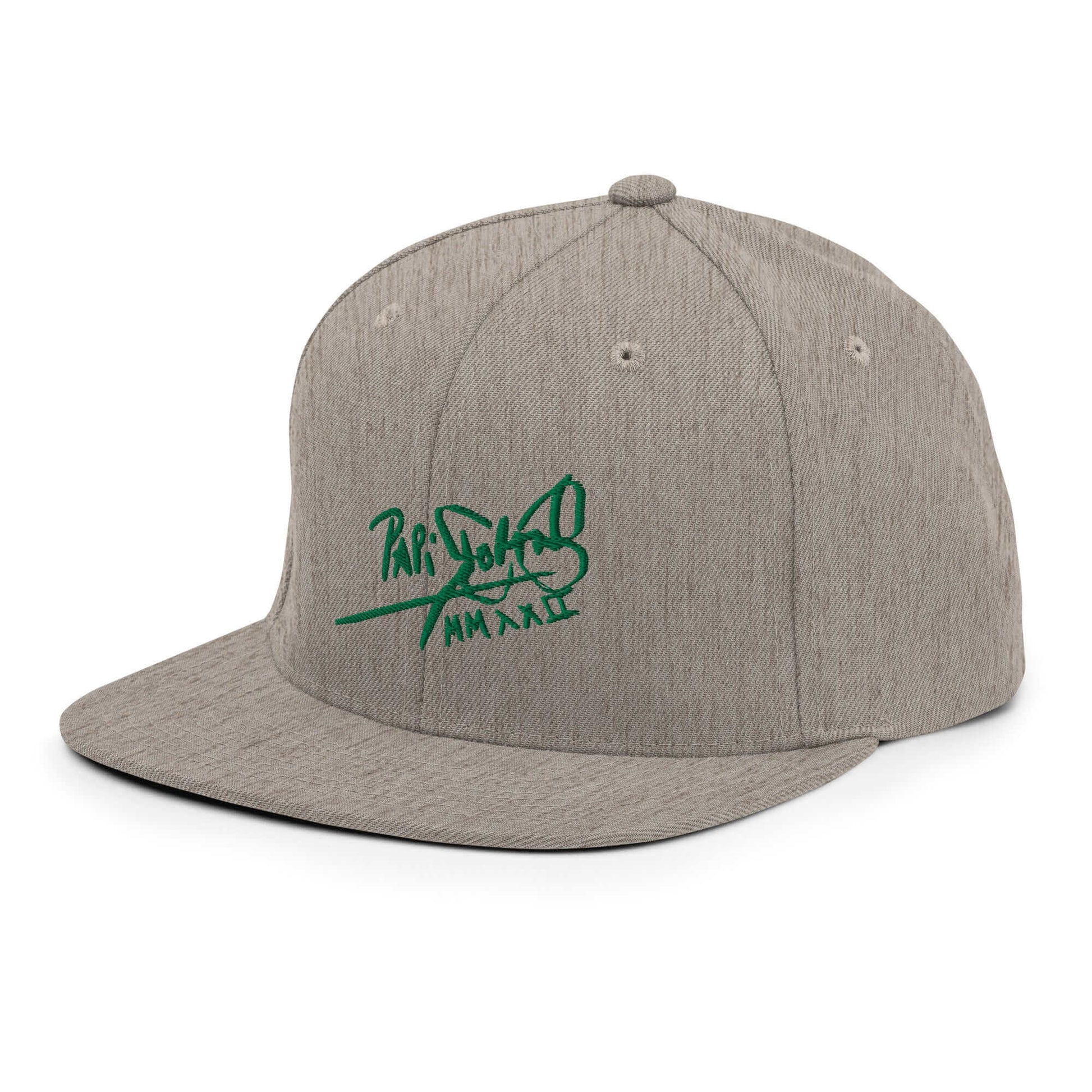 Gorra snapback Clásica gris jaspeado Firma en verde papijohn lateral izquierdo