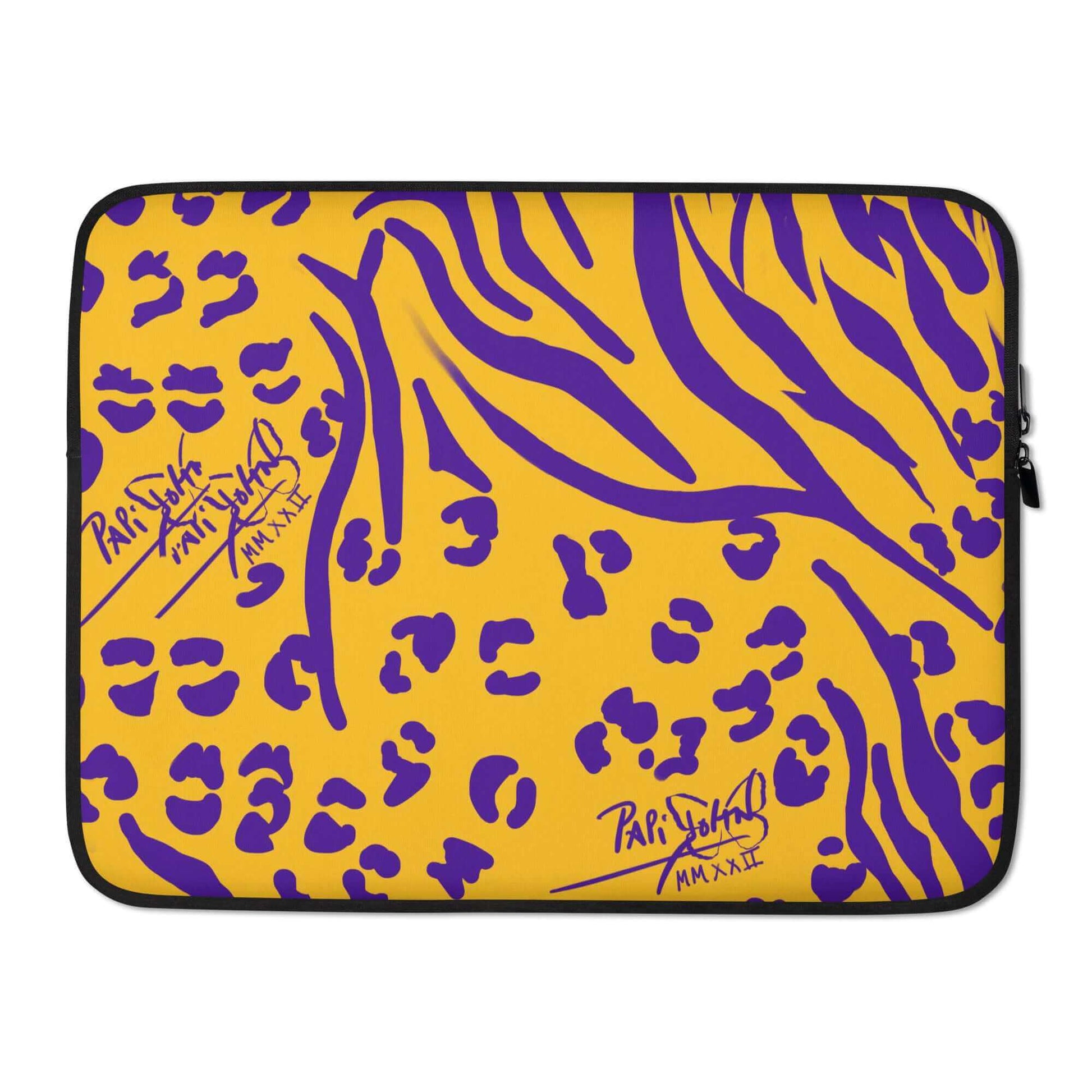 PapiJohn® Animal Lakers Laptop Sleeve Studio Essentials protective neoprene canvas layout featuring custom hand-drawn electric purple leopard animal print on a deep mustard background by $arah Free 💎 | Wearable Art Fashion