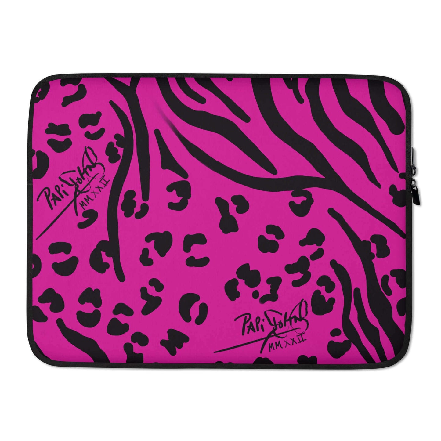 PapiJohn® Animal Pink Laptop Sleeve Studio Essentials protective neoprene canvas back view showcasing the seamless asymmetrical black animal print pattern layout on neon pink by $arah Free 💎 | Artist-Driven Streetwear