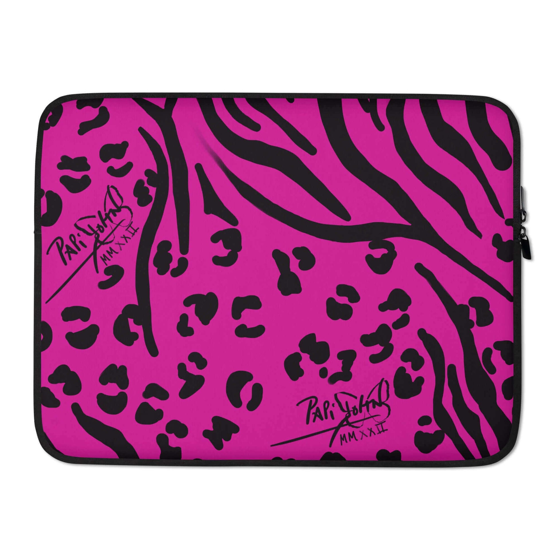 PapiJohn® Animal Pink Laptop Sleeve Studio Essentials protective neoprene canvas back view showcasing the seamless asymmetrical black animal print pattern layout on neon pink by $arah Free 💎 | Artist-Driven Streetwear