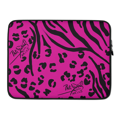 PapiJohn® Animal Pink Laptop Sleeve Studio Essentials protective neoprene canvas back view showcasing the seamless asymmetrical black animal print pattern layout on neon pink by $arah Free 💎 | Artist-Driven Streetwear