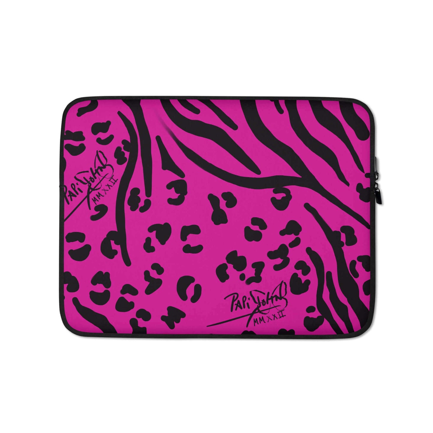PapiJohn® Animal Pink Laptop Sleeve Studio Essentials protective neoprene canvas front view featuring custom hand-drawn black zebra and leopard hybrid print on a high-saturation magenta background by $arah Free 💎 | Wearable Art Fashion