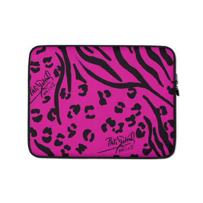 PapiJohn® Animal Pink Laptop Sleeve Studio Essentials protective neoprene canvas front view featuring custom hand-drawn black zebra and leopard hybrid print on a high-saturation magenta background by $arah Free 💎 | Wearable Art Fashion