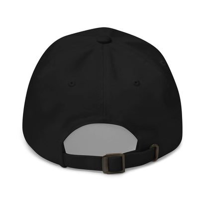 PapiJohn® The Classic Signature Baseball Cap in solid black back perspective focusing on the premium antique brass hardware buckle adjustor and soft self-fabric strap strapback mechanism | Artist-Led Streetwear
