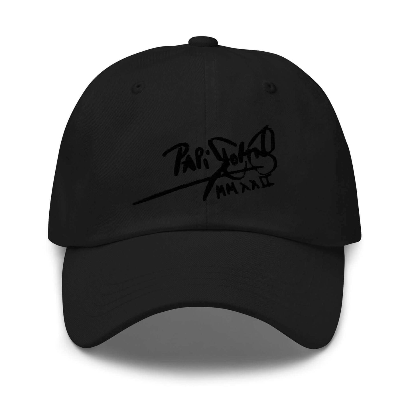 PapiJohn® The Classic Signature Baseball Cap in solid black front view showcasing the hand-rendered branding text calligraphically embroidered in dense high-relief black thread | Sala 1 Wearable Art Fashion