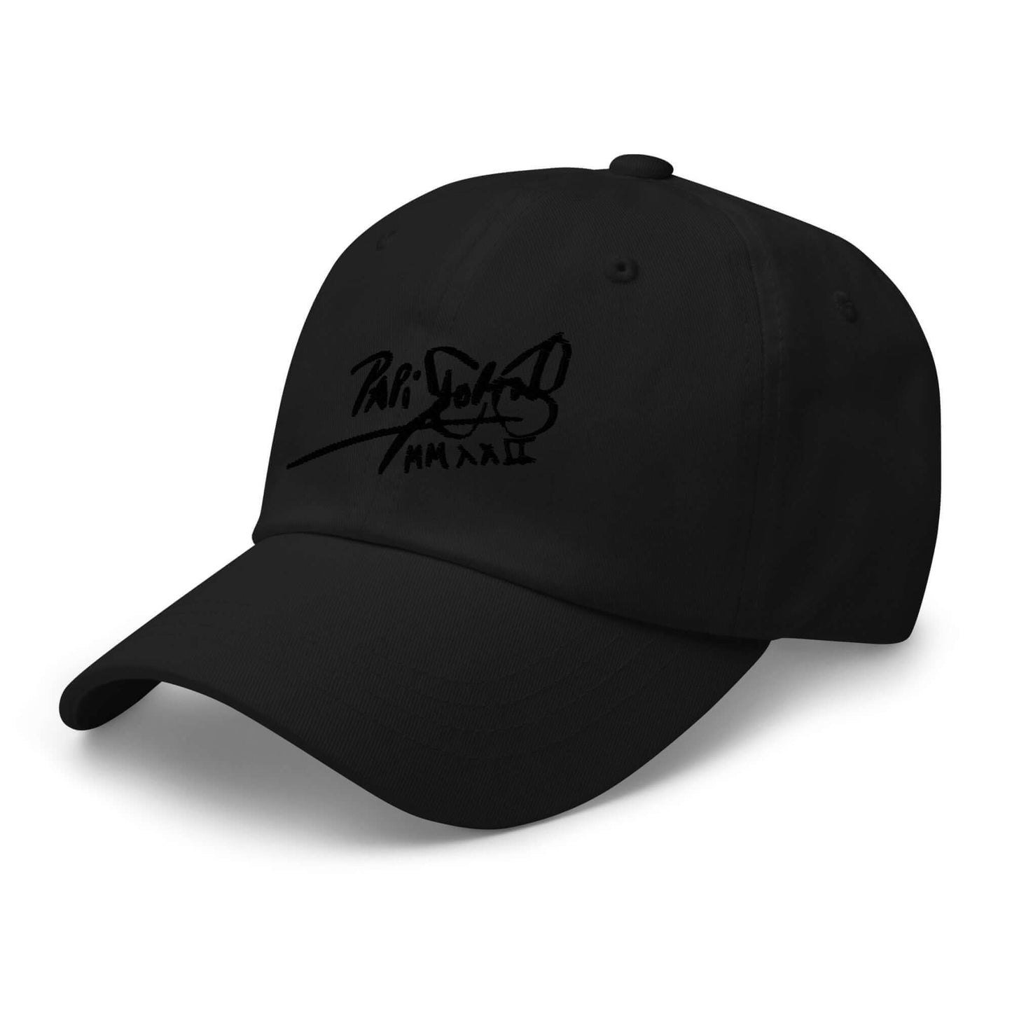 PapiJohn® The Classic Signature Baseball Cap in solid black left profile framing the unstructured low-profile panels drape and neat curved bill edge line | Streetwear d'Auteur