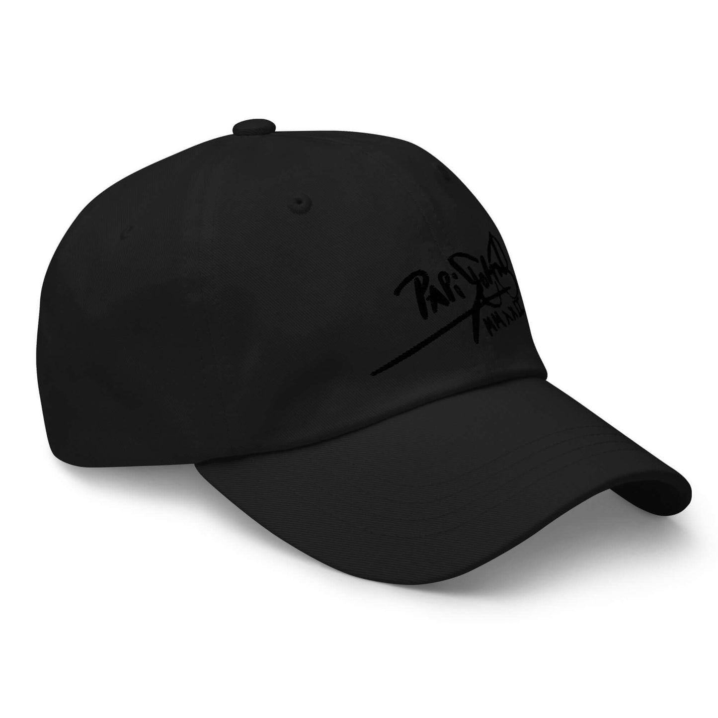 PapiJohn® The Classic Signature Baseball Cap in solid black right profile tracking the precision ventilation metal eyelets layout and premium cotton twill material texture lines by $arah Free 💎 | High-Tier Archive