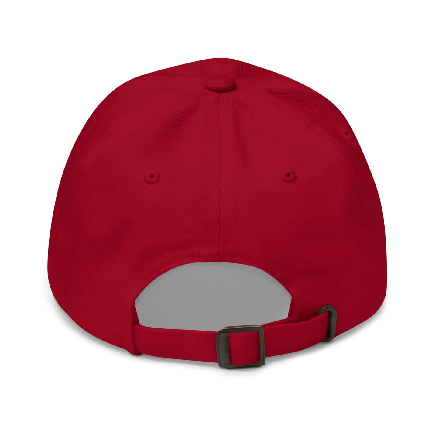 PapiJohn® The Classic Signature Baseball Cap in deep cranberry berry back layout tracing the premium panels assembly and the custom antique buckle sliding size adjustment | Artist-Led Streetwear