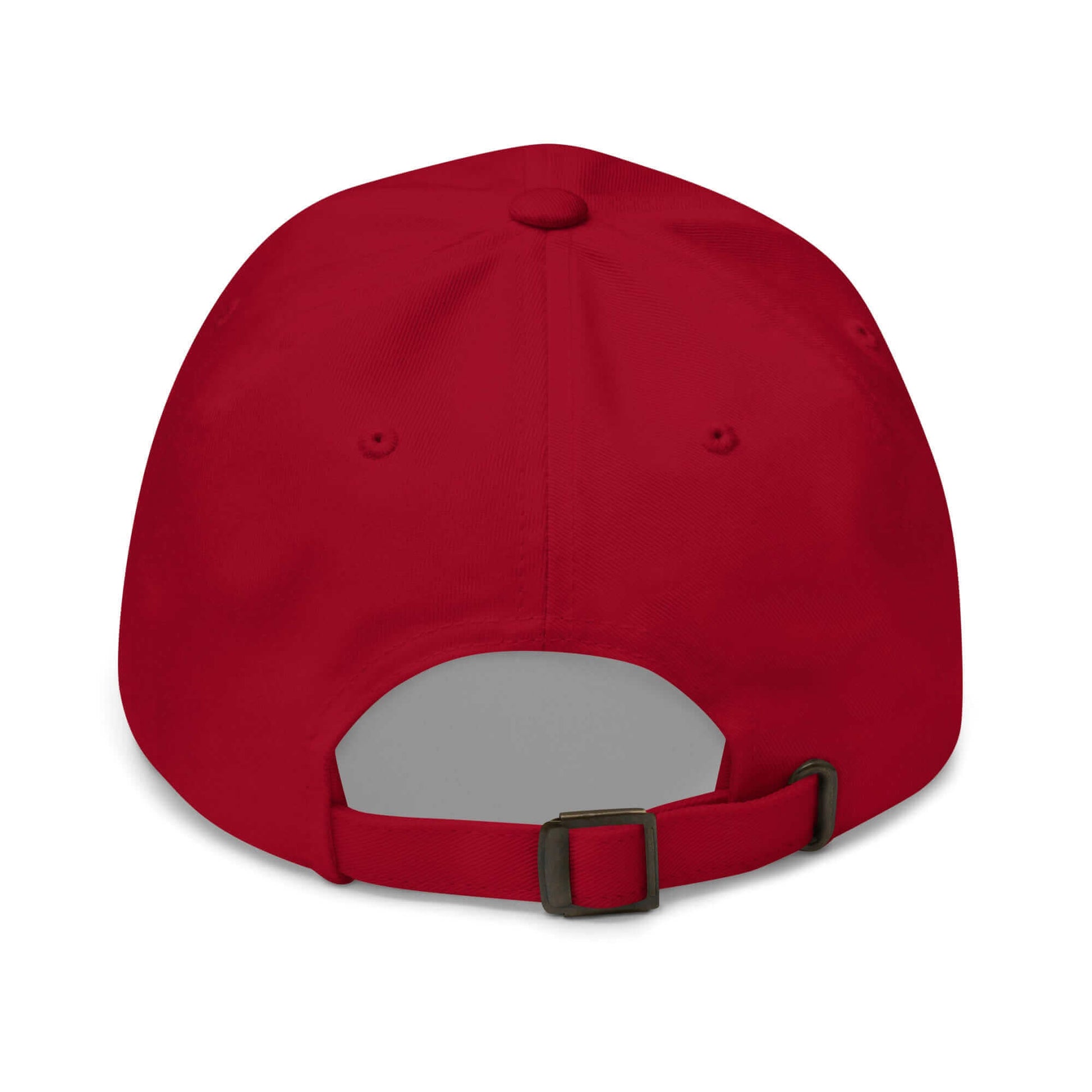 PapiJohn® The Classic Signature Baseball Cap in deep cranberry berry back layout tracing the premium panels assembly and the custom antique buckle sliding size adjustment | Artist-Led Streetwear
