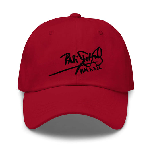 PapiJohn® The Classic Signature Baseball Cap in deep cranberry berry front layout displaying the rich contrast of the black cursive typography embroidered across the front panels | Sala 1 Wearable Art Fashion