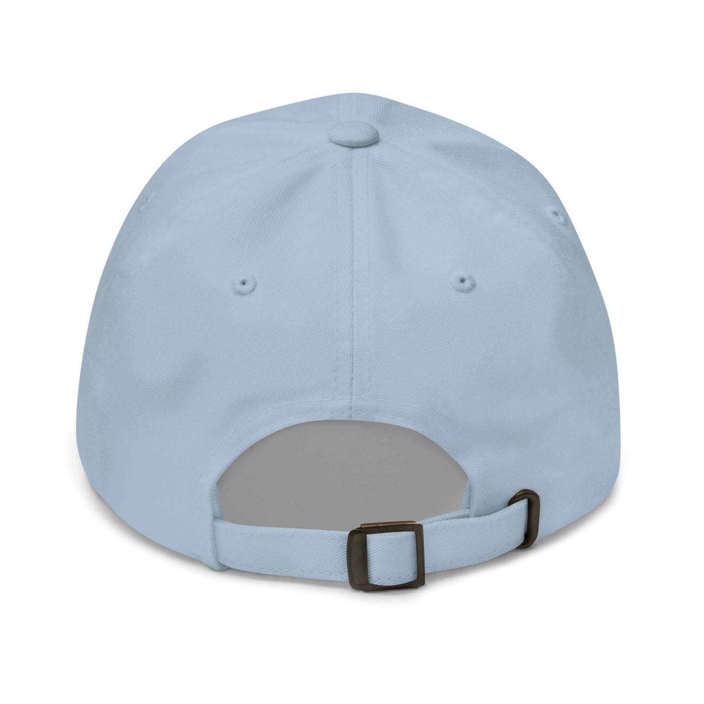 PapiJohn® The Classic Signature Baseball Cap in light sky blue back view rendering the technical reinforcement stitching and the custom adjustable metal brass buckle strap | Artist-Led Streetwear
