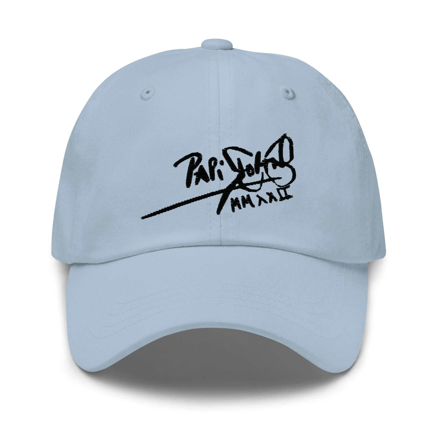 PapiJohn® The Classic Signature Baseball Cap in light sky blue front layout focusing on the clean contrast of the black high-density thread calligraphic artist script | Sala 1 Wearable Art Fashion