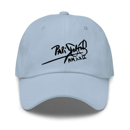 PapiJohn® The Classic Signature Baseball Cap in light sky blue front layout focusing on the clean contrast of the black high-density thread calligraphic artist script | Sala 1 Wearable Art Fashion