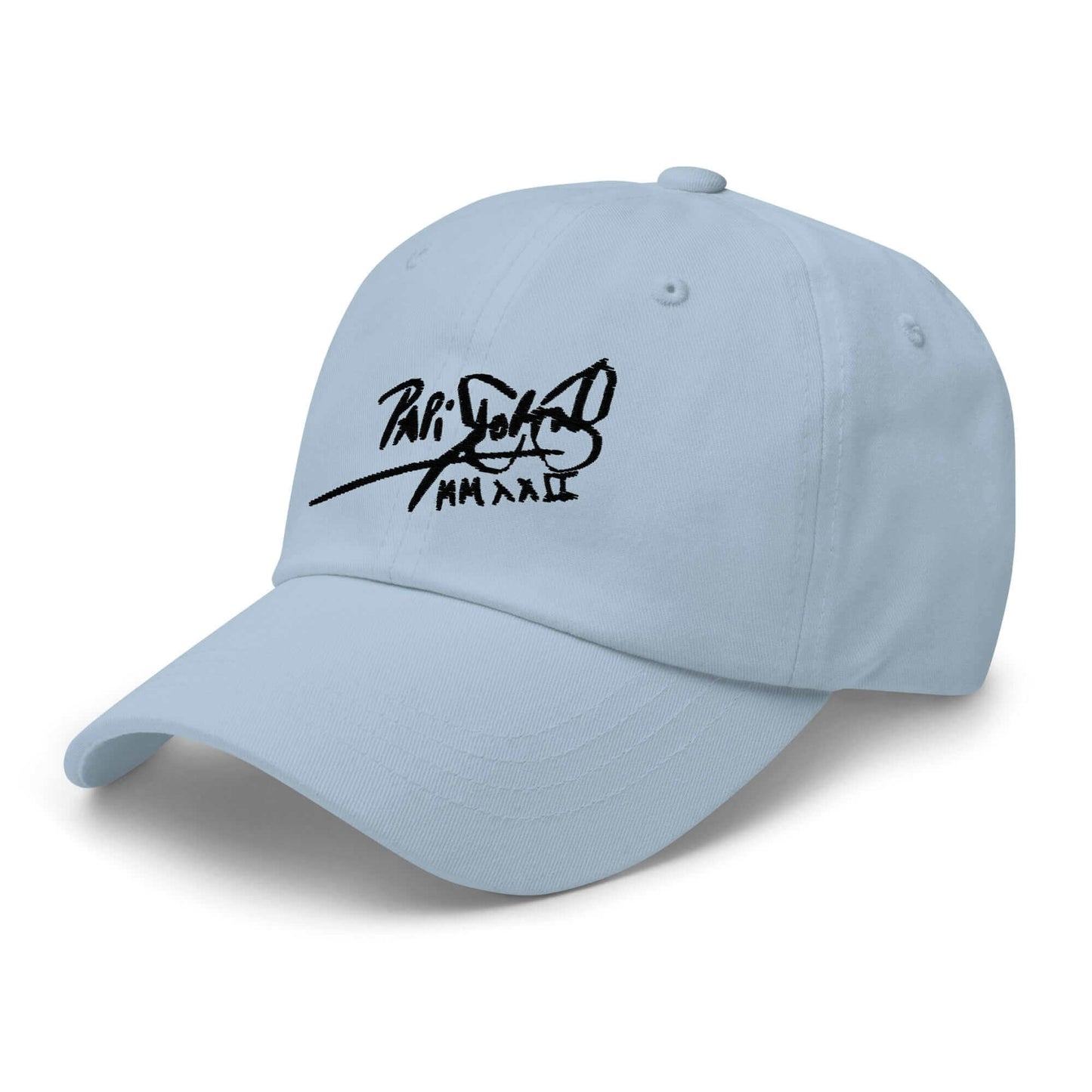 PapiJohn® The Classic Signature Baseball Cap in light sky blue left profile framing the unstructured low crown architecture and comfortable curved visor outline | Streetwear d'Auteur